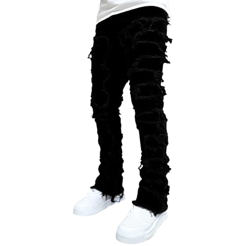 Stacked Jeans Men Frayed Relaxed Fit Jean for Men Stretch Fashion Distressed Patchwork Mens Straight Leg Jeans2