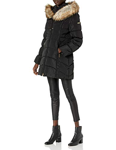 LAUNDRY BY SHELLI SEGAL Women's 3/4 Hooded Puffer with Faux Fur Trim, Black, Large