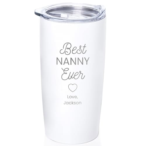 Lifetime Creations Engraved Personalized Best Nanny Ever Stainless Steel Tumbler with Lid 20 oz (White) - Baby Sitter, Daycare Teacher, Caretaker Coffee Travel Mug Gift