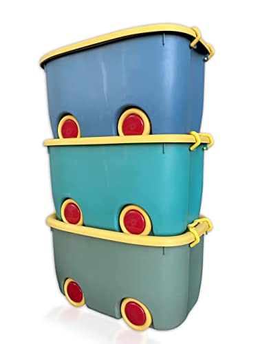 Image of Plastic Rectangular Stackable Organizer Storage Box Bin with Lid and Wheels for Kids, Multicolour, Large - Set of (3)