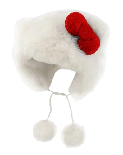 Cute Plush Hat White Cat Ear Bowknot Hat for Women Cartoon Winter Thickened Anti-Freezing Faux Fur Hats with Pom Earflap