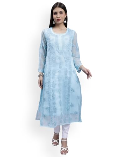 Image of Seva Chikan Hand Embroidered Lucknowi Chikankari Georgette Kurta with Inner Slip for Women SCL4431