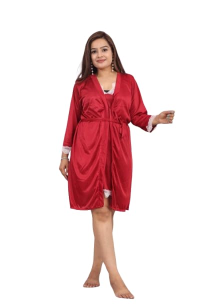 Women's Satin 2 Piece Nighty Set with Robe, Baby Doll Night Dress-image-3