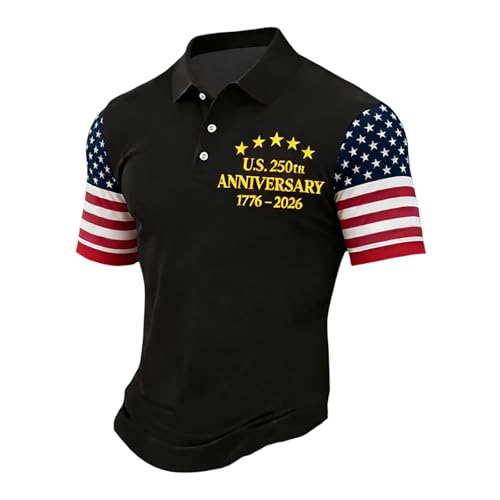 USA 250th Anniversary Shirt, 4th of July Mens Shirts America Short Sleeve Graphic Men T-Shirt Polo Shirts Fashion 250 Anniversary USA Black 3XL