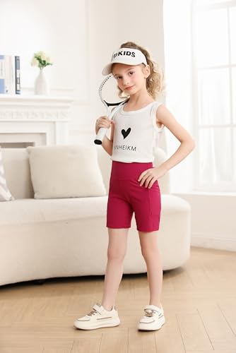 Girls 2 Pack Solid Ribbed 5" Exercise High Waisted Bike Shorts with Pockets 5-12 Years4