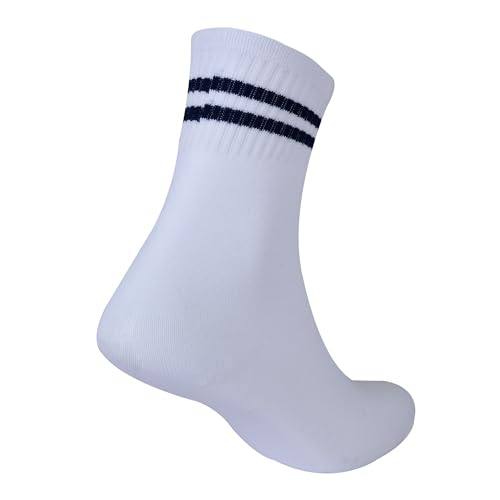 Bizala Long Elastic White Colour with Navy Blue Stripes Design Calf Length School Cotton Socks for Boys & Girls (Pack of 5 Pairs)