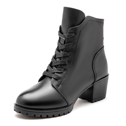 sekiueo Botas Baile de Cuero Mujer Botines de Salón con Cordones Tacón Grueso Y Cremallera para Baile Latino Y Salsa,Negro,41 EU