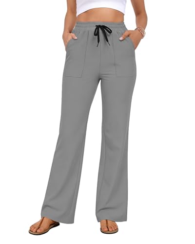 AGVNG Women's Pants Casual Wide Leg Pants High Waisted Elastic Waist Drawstring Lightweight Lounge Work Travel Comfy Trousers Pants with 2 Pockets Grey XL