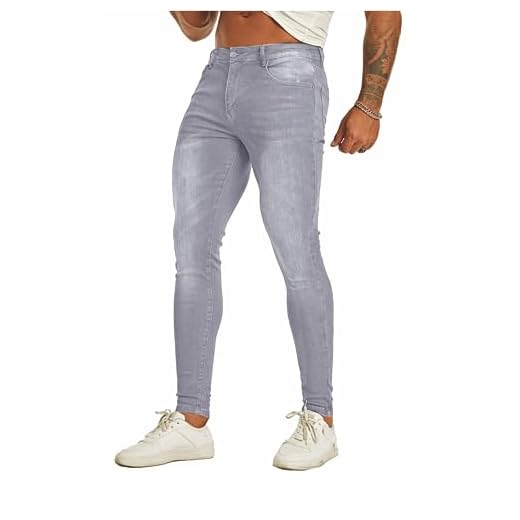 FIILIMER Calça jeans masculina super skinny elástica com perna afunilada e rasgada, Cinza 986, 29