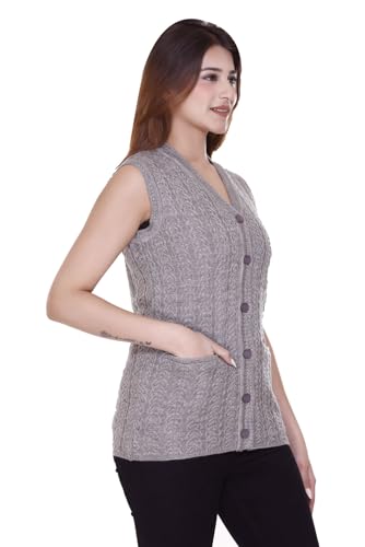 Image of aarbee Self Design Sleeveless V Neck Woollen Cardigan for Women with Front Pockets