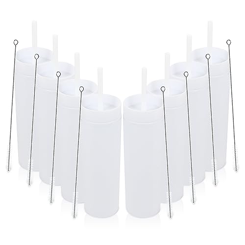 Volhoply 16oz Plastic Skinny Tumbler with Lid and Straw Bulk 8 Pack,Insulated Double Wall BPA Free Matte Acrylic Tumblers,Iced Coffee Travel Mug Reusable Party Cup,Customizable Diy Gifts(White,8 Set)