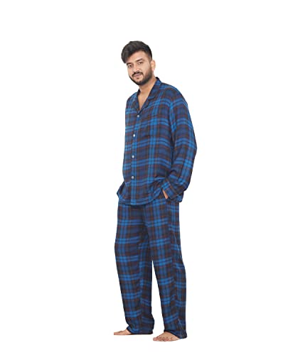 Image of Men's Rayon Twill Check | Long Sleeve Shirt with Elastic Pyjama Set | Comfortable Fit Night Suit | Lounge Wear Sleepwear Blue