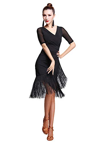Zx Women's Ballroom Dance Costume V Neck Pleated Long Fringed Tango Salsa Latin Dance Dress With Shorts, Black, Medium #TOP4