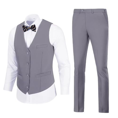 Mens Suits Vest Pant Set, Slim Fit 2 Pieces Casual Suit Waistcoat Wedding Groomsmen3