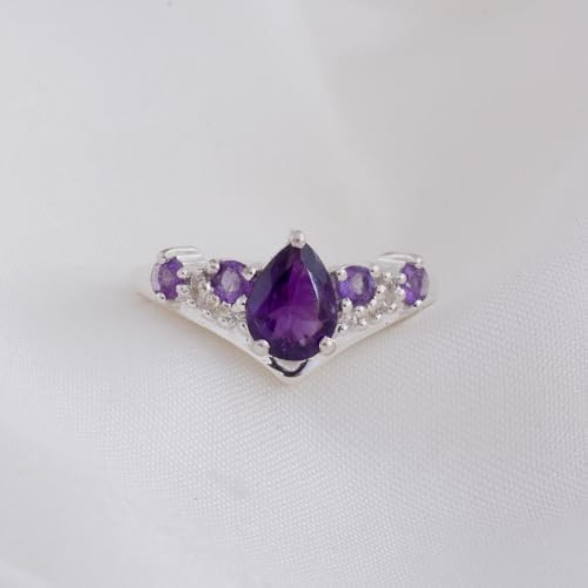 Natural Purple Amethyst Pear Gemstone Designer Ring