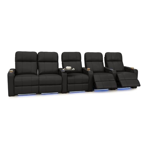 Image of Seatcraft Monterey Home Theater Seating Black Row of 5 Left Loveseat | Italian Leather, Wall Hugger, Zero Gravity, Powered Headrest, Power Recline, Zero Gap, USB charging