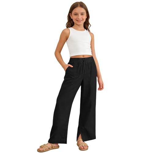 Image of Girls Linen Pants Wide Leg School Uniform Pants Cozy Elastic Waist Summer Casual Beach Lounge Trousers with Pockets