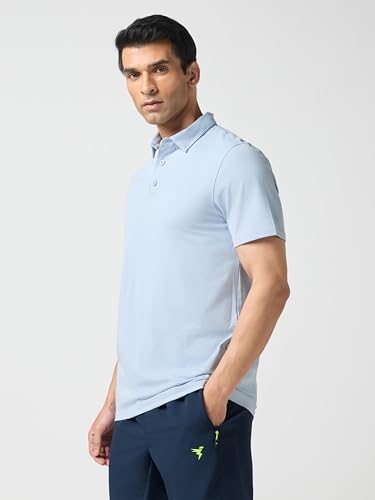 Image of TECHNOSPORT Men's Solid Slim Fit Polo Collar T-Shirt COTFLEX Half Sleeve Button Polyester for Gym Running Workout UPF50+ Anti Odour