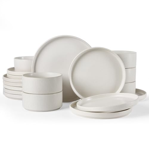 Image of Famiware Star Plates and Bowls Sets, Modern Stoneware Dinnerware Sets for 6, 18-Piece Kitchen Dish Set - Chip and Scratch Resistant, Microwave and Dishwasher Safe Tableware, Matte White