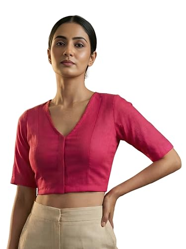 Image of Yash Gallery Women's Stretchable Rayon Lycra V-Neck Short Sleeve Front Open with Hook Stylish Crop Blouse Top for Ethnic Beige Designer Festive Choli Blouse