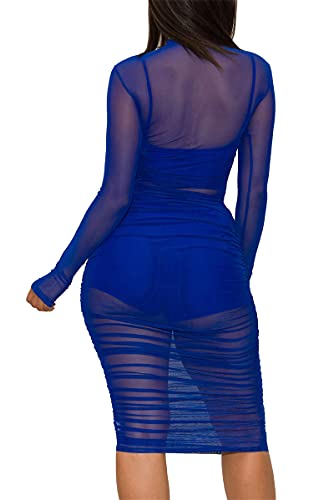 Image of Atyfuniby Women's Sexy 3 Piece Outfits Mesh See Through Ruched Midi Dresses + Crop Tank Tops + Skinny Shorts Sets Clubwear