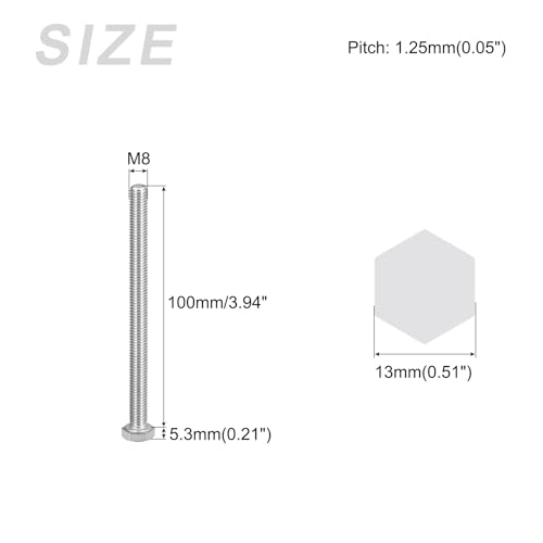 Image of METALLIXITY Hex Bolts (M8-1.25x100mm) 8Pcs, 304 Stainless Steel Coarse Fully Threaded Hex Head Screw Bolt Machine Screws - for Furniture Repair, Silver