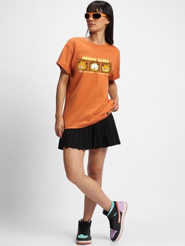Image of Bewakoof X Official Garfield Merchandise Women's Selective Participation Graphic Printed 100% Cotton T-Shirt - Boyfriend Fit, Round Neck, Half Sleeves, Loose Fit