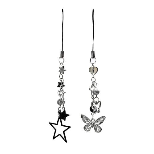 BaiFlorye 2 Pack Cell Phone Charms, Black Stars Butterflies Phone Charms, Women Keychain Beaded Charm, Decor For Phone Bag Airpods And Camera