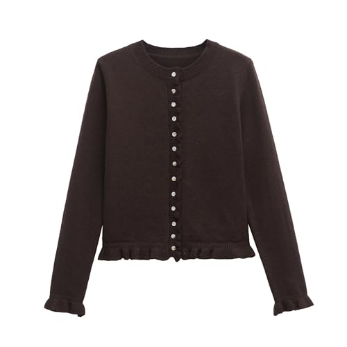 Image of FindThy Women's Cropped Cardigan Sweater Trendy Crewneck Ruffle Long Sleeve Button Down Knitwear Tops