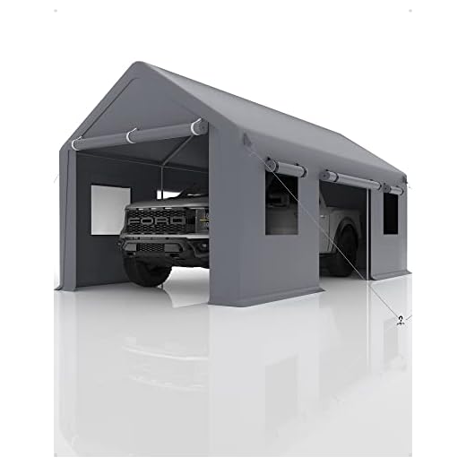 DEXSO Carport 13'x20' Portable Garage, with Heavy Duty Car Port Canopy and Reinforced Steel Poles, 4 Roll-up Doors & 4 Windows, for Pickup, Boat, and Equipment, Silver Gray