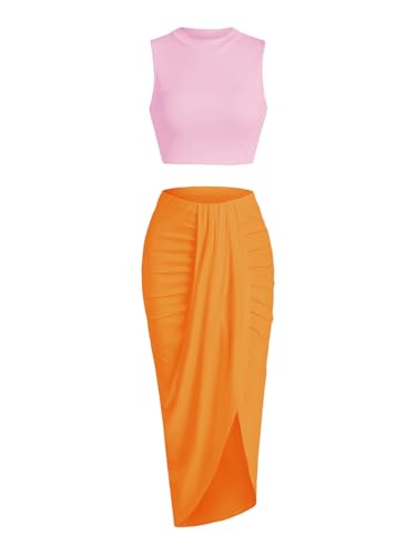 Image of ZAFUL Women's Casual Sleeveless Summer Two Piece Outfits Crop Top and Side Split Draped Ruched Maxi Skirt Set Solid Suiting