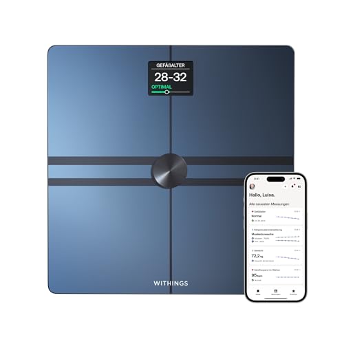 WITHINGS Body Comp — WLAN Smart Waage mit vollständiger Körperanalyse inkl. Fettanteil, Muskelmasse, Knochendichte, Viszeralfett, Digitale Personenwaagen /Körperfettwaage mit Bluetooth