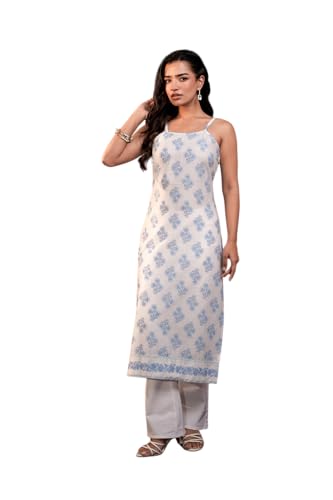 Image of Juniper Women's Teal Blue & Grey Floral Cotton Sleeveless Kurta