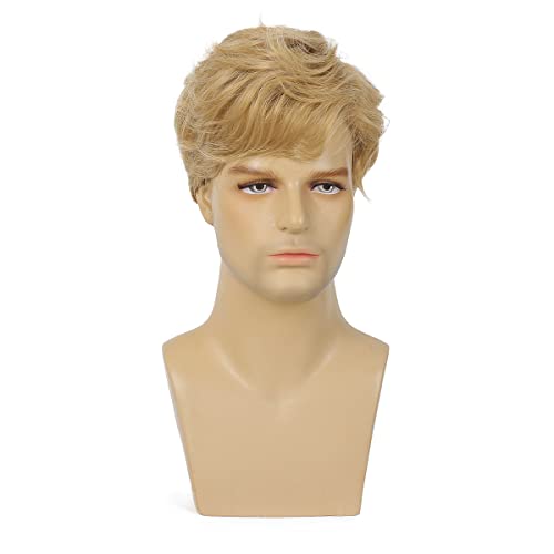 Baruisi Mens Blonde Wig Short Layered Natural Wavy Hair Wig Synthetic Halloween Cosplay Wigs for Male