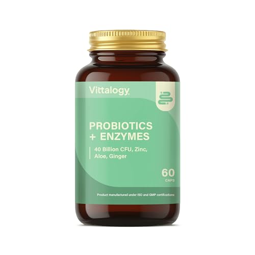 VITTALOGY Probiotics + Enzymes Probiótico Natural 40 Mil Millones UFC con 14 Cepas y Lactobacilus Gasseri. Suplemento Disminuye Inflamación e Hinchazón Abdominal y Mejora Sistema Inmune. 60 Cápsulas
