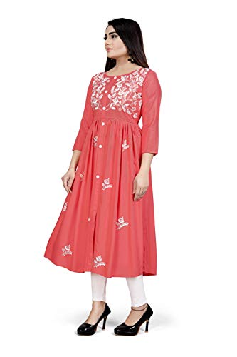 Image of Women's Rayon Flared Embroidery Kurti Under 599 Designer Attractive Look Women's Kurta