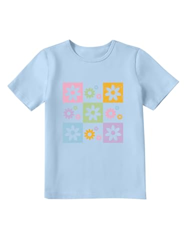 Image of Girls Graphic Tees Summer Short Sleeve Tops Casual Cute Flower Shirt Blue 7-8 Years