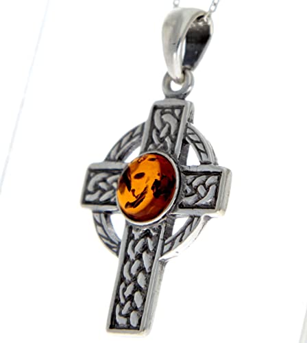 925 Sterling Silver & Genuine Baltic Amber Celtic Cross Pendant - 16402