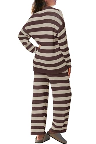 Image of SENSERISE Womens Striped Set Sweater Lounge Sets | Pajamas Set, Loungewear Set, Oversized Knit Sweater, Wide Leg Pants with Pockets, Fall Outfits, Pants Set