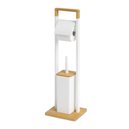 Relaxdays Ensemble WC en Bambou/INOX, Porte-Rouleau sur Pied, Brosse, 76,5x28x18 cm, Hygiénique, Blanc