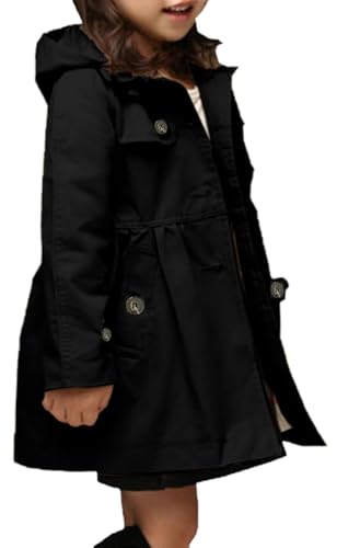 Betusline Girls Hoodie Trench Coat Single Breasted Hoodie Windbreaker Jacket Dress Outerwear for Girl Black 2-3T = Tag 100