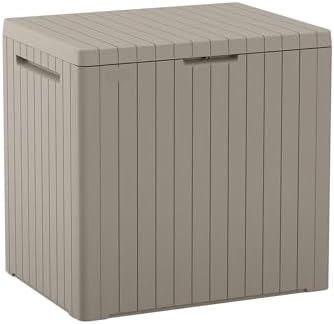Keter City 30 Gallon Resin Outdoor Storage Box and Patio Furniture Side Table for Pool and Garden Accessories, Beige