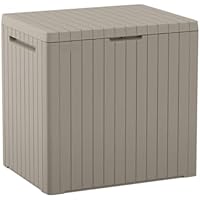 Keter City 30 Gallon Resin Outdoor Storage Box and Patio Furniture Side Table for Pool and Garden Accessories, Beige