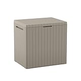 Keter City 30 Gallon Resin Outdoor Storage Box and Patio Furniture Side Table for Pool and Garden Accessories, Beige