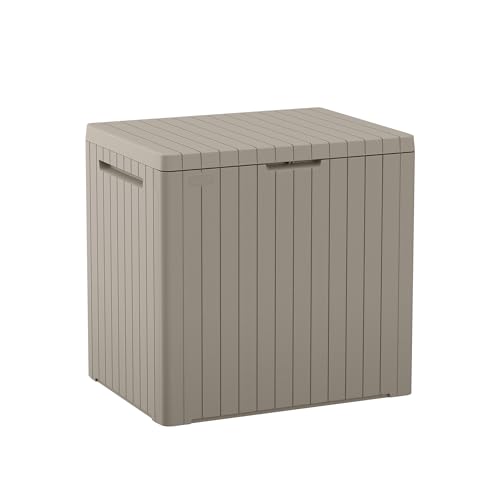 Keter City 30 Gallon Resin Outdoor Storage Box and Patio Furniture Side Table for Pool and Garden Accessories, Beige