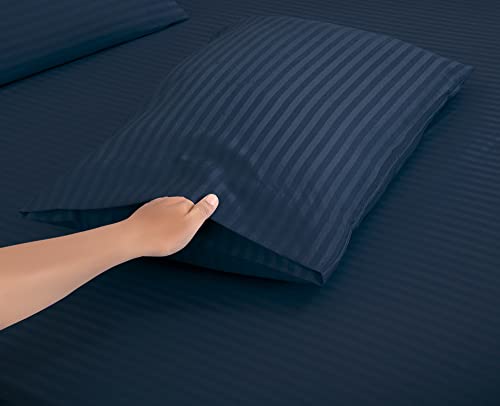Image of ROYALE LINENS 4 Piece Queen Sheets Set - Soft Brushed 1800 Microfiber Bedding - 1 Fitted, 1 Flat Sheet, 2 Pillow Cases - Wrinkle Free & Fade Resistant - Hotel Luxury Bed Sheets (Stripe Navy, Queen)