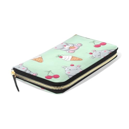 Long Wallets Leather Bifold Wallet for Women Ice Cream Cherry Hippo with Zipper Credit Card Holder Large Capacity3