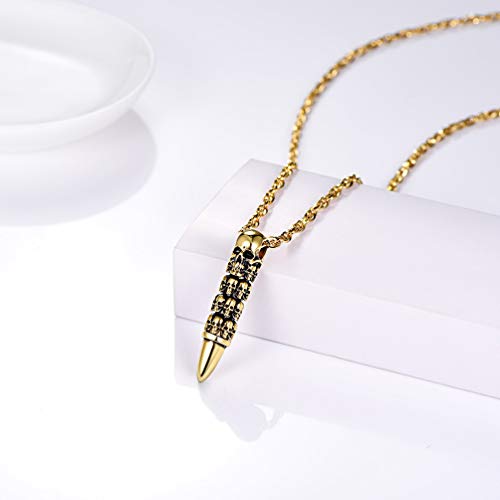 PROSTEEL Stainless Steel Skull Bullet Pendant Necklaces for Men Skeleton 18K Gold Plated with Rolo Chain Punk Jewelry