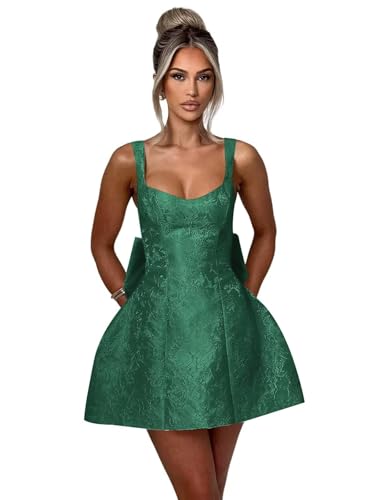 Image of Short Tight Homecoming Dresses for Teens V Neck Hunter Green Satin A Line Sleeveless Lace Up Mini Juniors Cocktail Party Prom Gowns with Bow 2025 US4