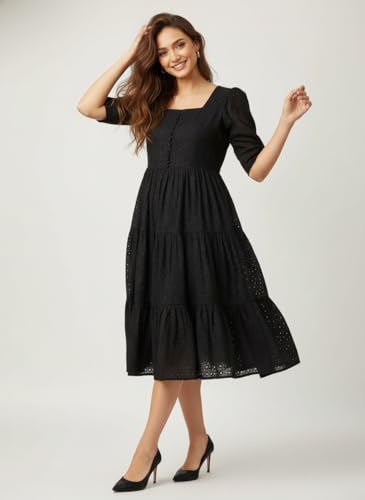 Image of Her Couture Cotton Midi Schiffli Embroidered Dress with Attached Belt